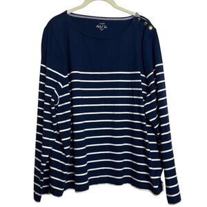 J Crew Factory Artist Tee Womens 2X Navy White Striped Nautical Button Shoulder